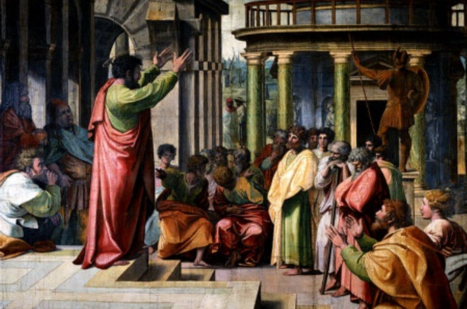 Apesar de suas atividades missionárias junto aos pagãos (não judeus), Paulo continuou a ver Jerusalém e a história de Israel como centrais para a fé em Jesus; na imagem, o apóstolo Paulo pregando / Reprodução